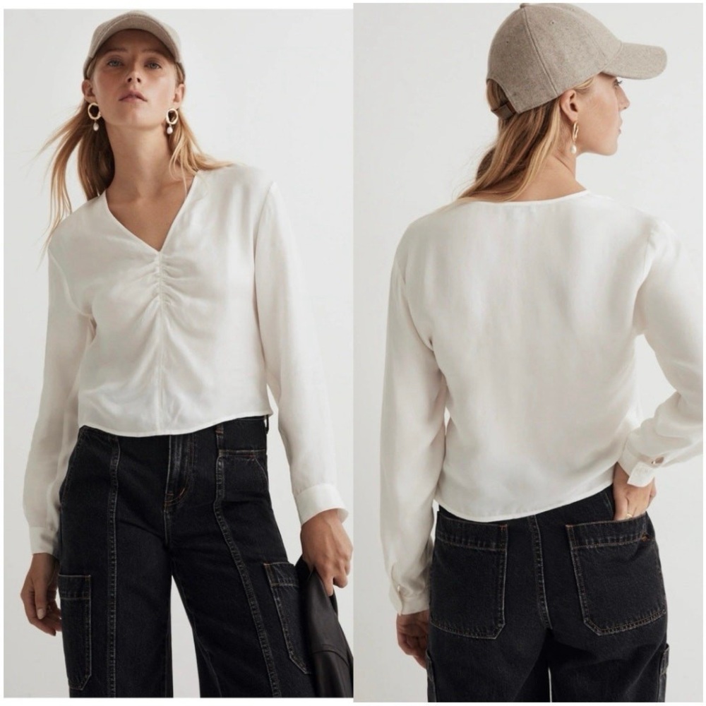 Madewell White Long Sleeve Blouse V neck